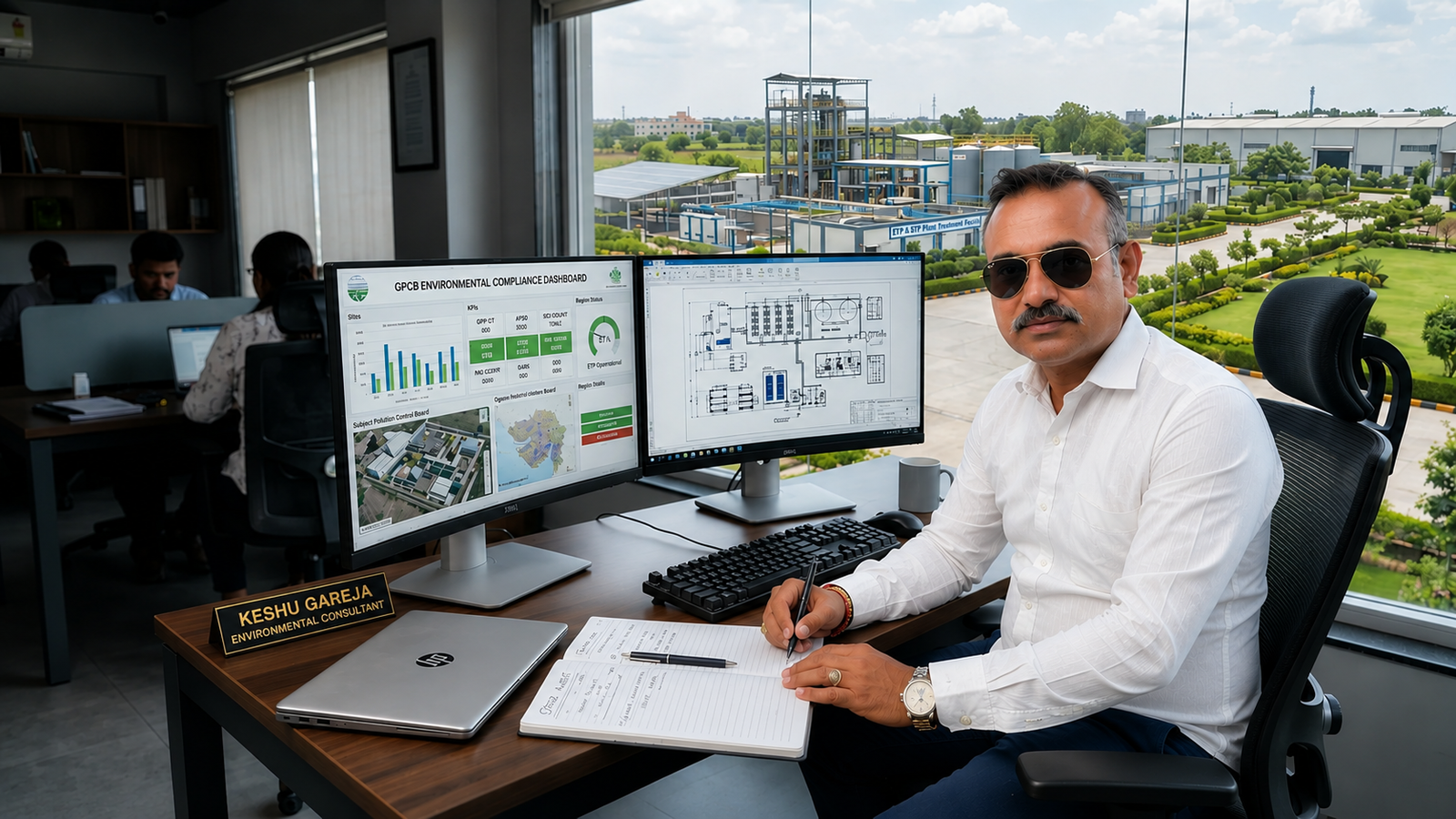  ACK Environmental Compliance Consultant at Dual-Monitor Workstation with GPCB Dashboard and Engineering
        Blueprints